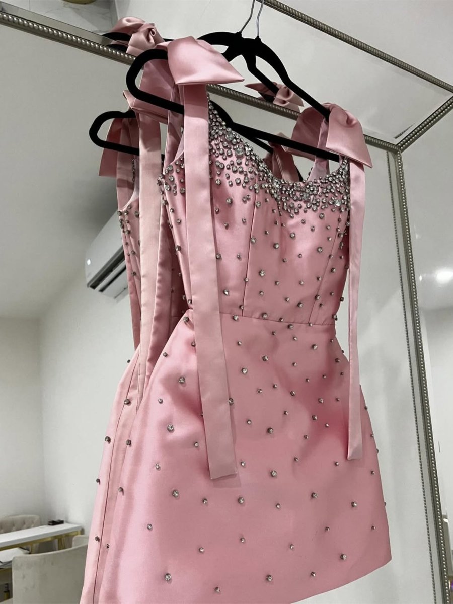 Pink Square Neck Satin Short Strapless Homecoming Dress With Bows