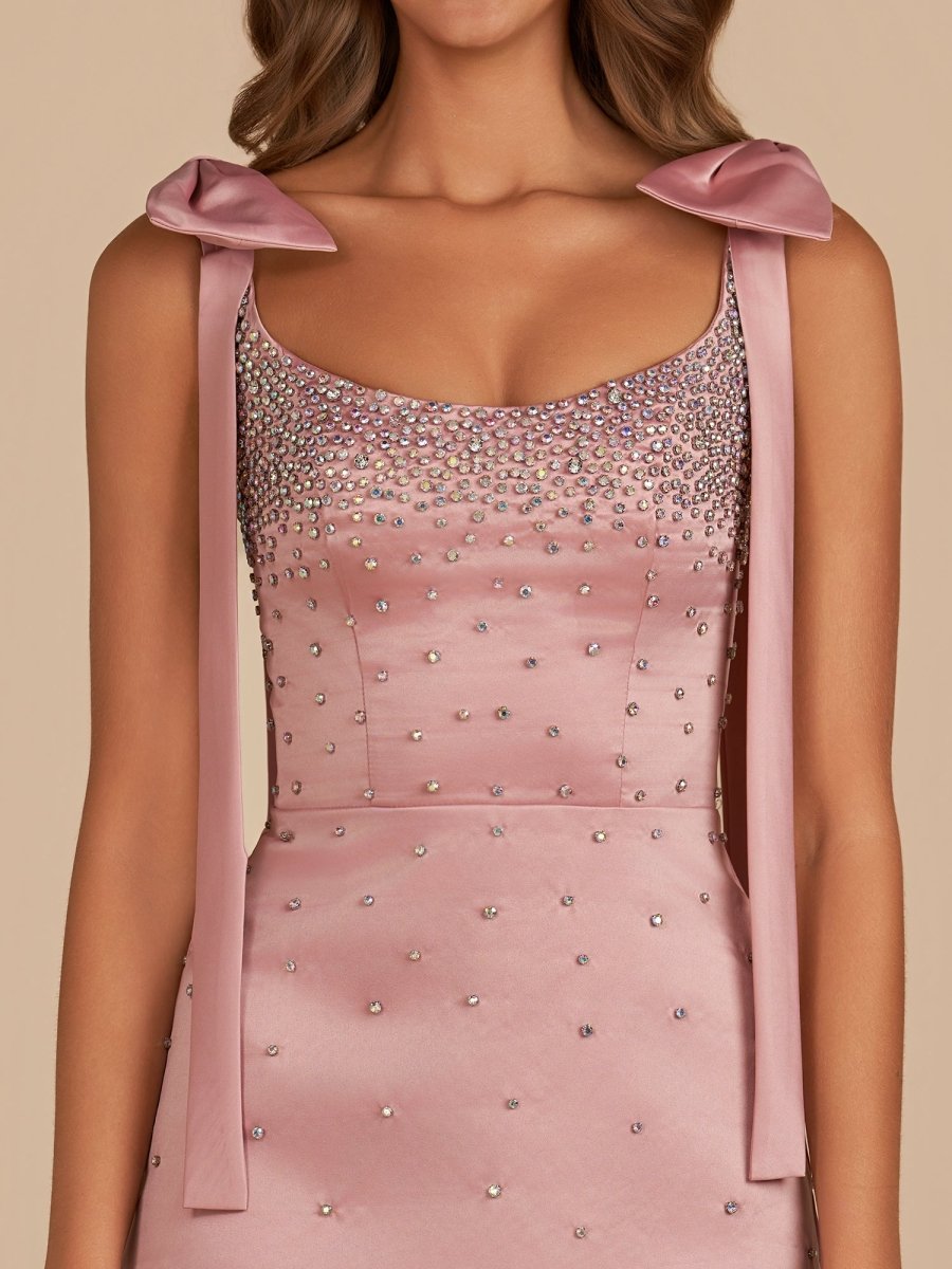 Pink Square Neck Satin Short Strapless Homecoming Dress With Bows