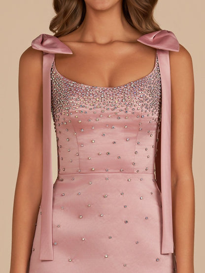 Pink Square Neck Satin Short Strapless Homecoming Dress With Bows