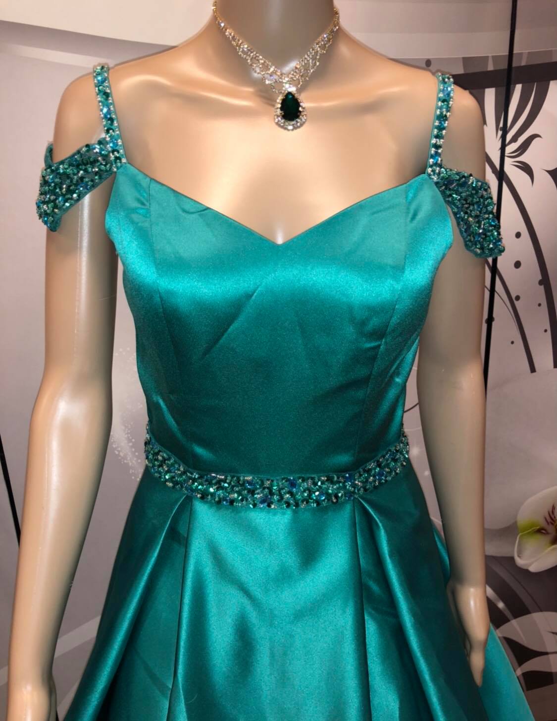 Off The Shoulder Satin Beading Senior Prom Dress