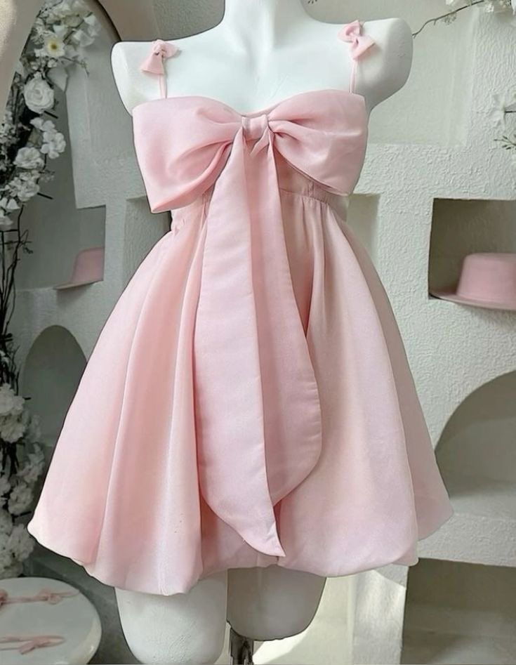 Vintage A Line Spaghetti Straps Pink Satin Bow-Knot Short Mini Formal 8Th Grade Homecoming Dresses Summer Middle School Hoco Dress Birthday Outfits