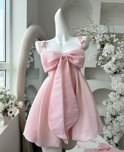 Vintage A Line Spaghetti Straps Pink Satin Bow-Knot Short Mini Formal 8Th Grade Homecoming Dresses Summer Middle School Hoco Dress Birthday Outfits