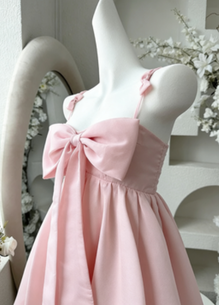 Vintage A Line Spaghetti Straps Pink Satin Bow-Knot Short Mini Formal 8Th Grade Homecoming Dresses Summer Middle School Hoco Dress Birthday Outfits