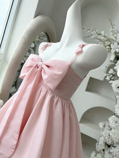 Vintage A Line Spaghetti Straps Pink Satin Bow-Knot Short Mini Formal 8Th Grade Homecoming Dresses Summer Middle School Hoco Dress Birthday Outfits