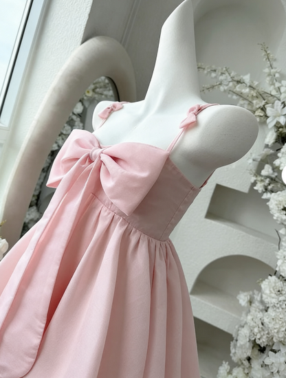 Vintage A Line Spaghetti Straps Pink Satin Bow-Knot Short Mini Formal 8Th Grade Homecoming Dresses Summer Middle School Hoco Dress Birthday Outfits