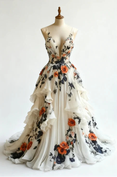 Fairytale A-Line Wedding Dress¸Chiffon 3D Applique Evening Dress,LTP3683