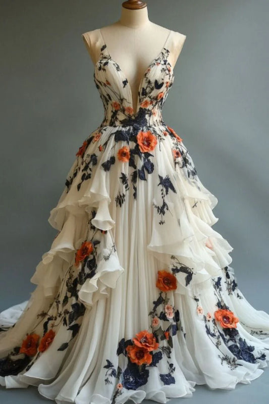 Fairytale A-Line Wedding Dress¸Chiffon 3D Applique Evening Dress,LTP3683