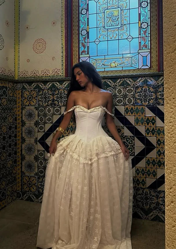 Vintage Ball Gown Off The Shoulder Satin Lace Prom Dress Wedding Dress,LTP3681