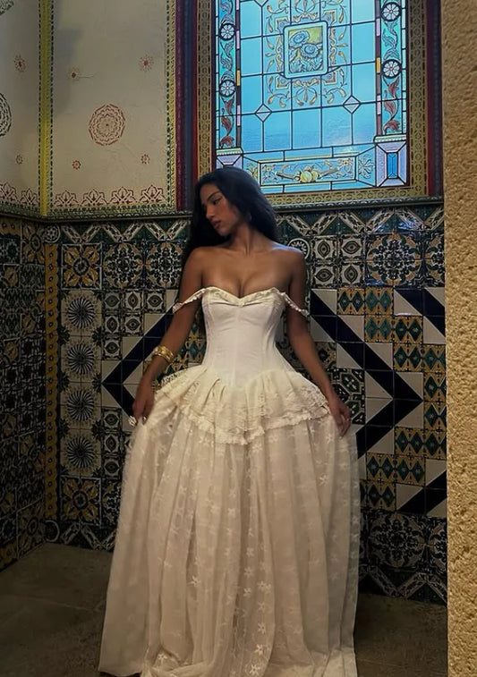 Vintage Ball Gown Off The Shoulder Satin Lace Prom Dress Wedding Dress,LTP3681