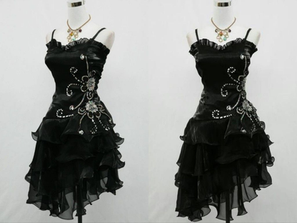 Vintage Black Straps Beaded Evening Dress Ruffled Homecoming Dress