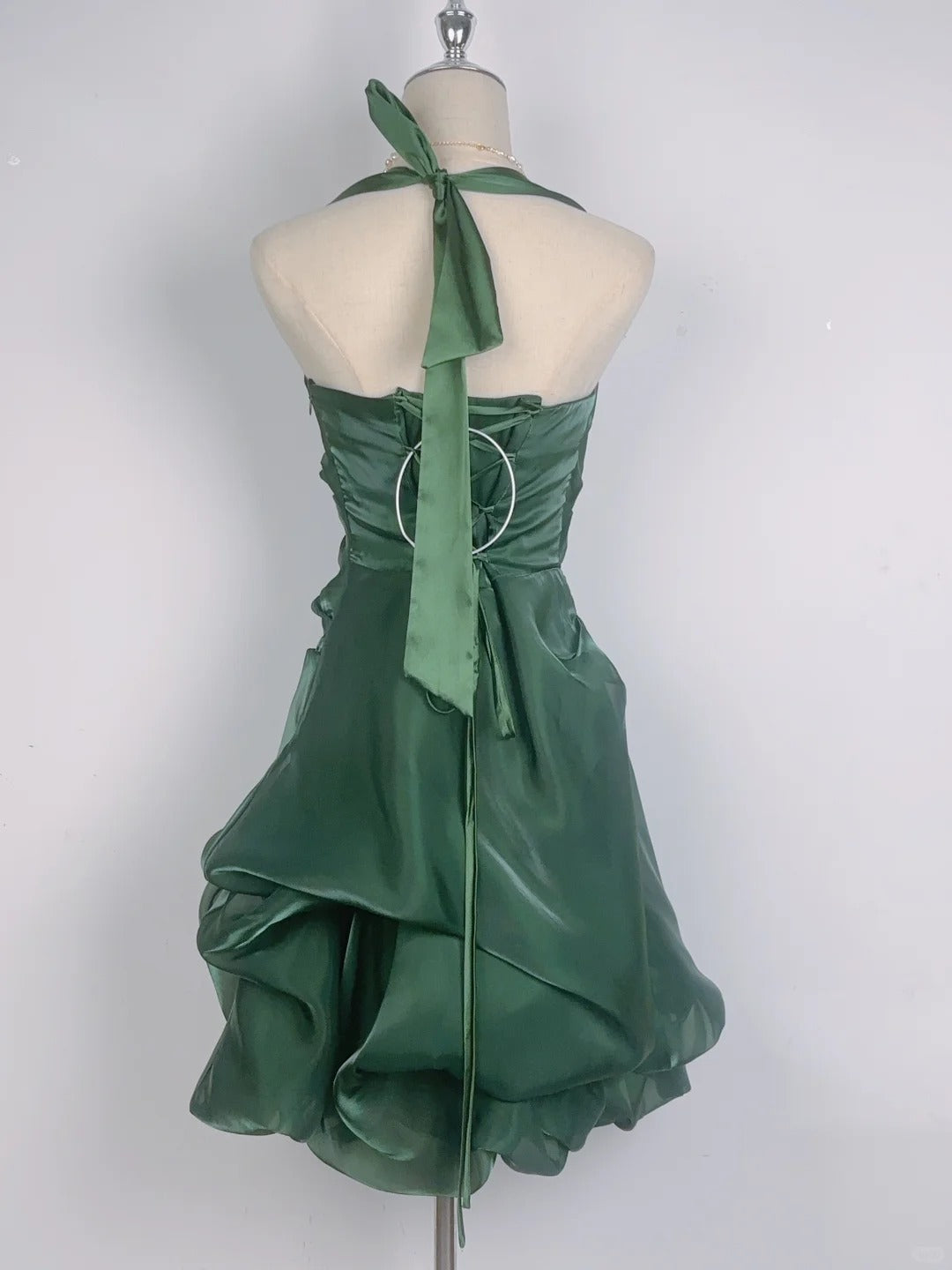 Vintage Dark Green Halter Neck Floral Mini Homecoming Dress