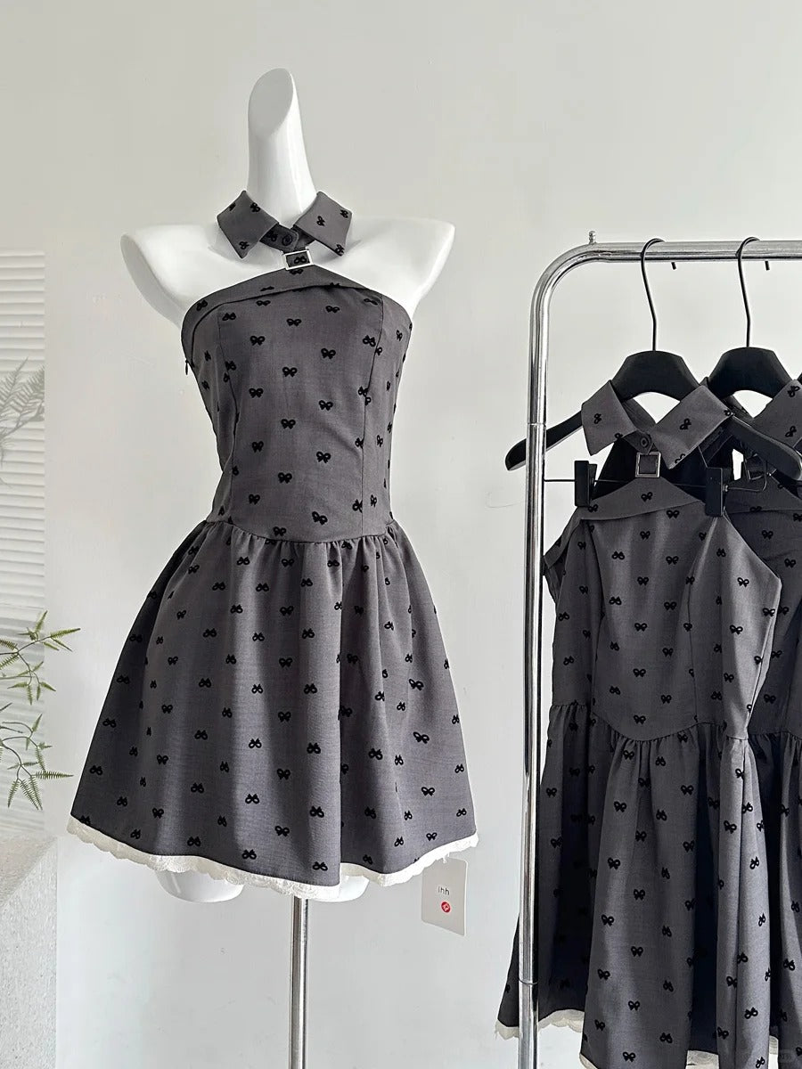 Vintage Grey Printed Lapel A-Line Short 17Th Birthday Homecoming Dress