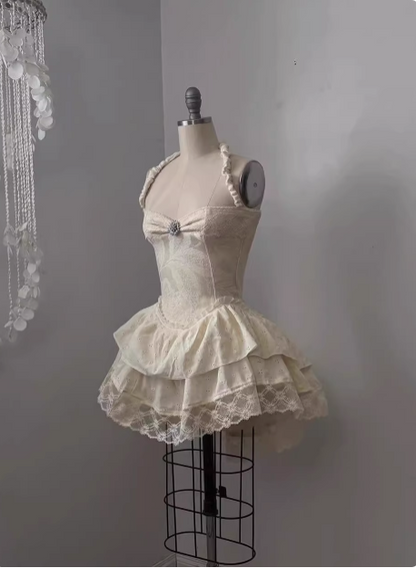 Vintage Jacquard Halter Neck Lace Trim Mini Birthday Skirt Homecoming Dress