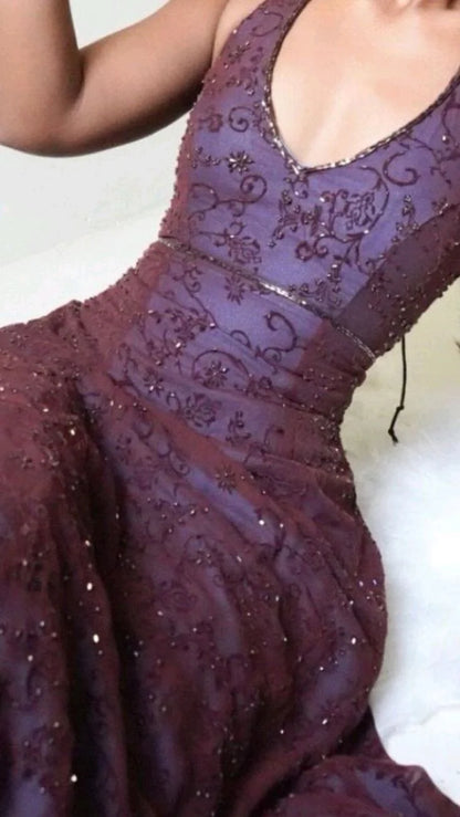 Vintage Mermaid Purple Lace Halter Prom Dresses Long Evening Party Dress Prom Gowns,LTP4461