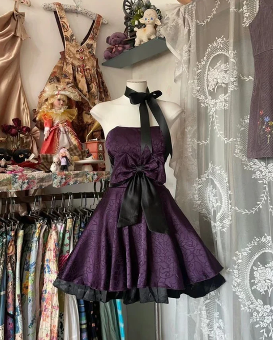 Vintage Purple Satin A Line Short Party Dress Homecoming Dress With Bow
