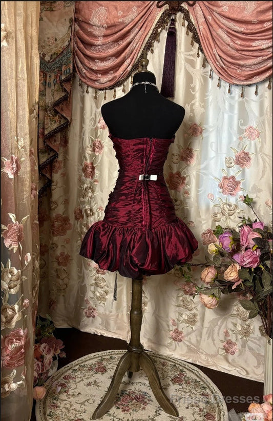 Vintage Sheath Strapless Burgundy Mini Dresses Homecoming Dress 16Th Birthday Dresses