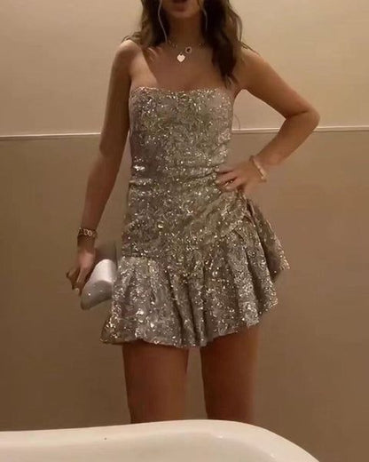 Vintage Sheath Strapless Layered Ruffle Mini Dresses Sequin Homecoming Dress 16Th Birthday Dresses