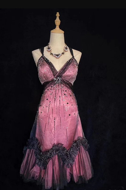 Vintage Tulle Beaded A Line Birthday Dress Spaghetti Straps Homecoming Dress Cocktail Dress
