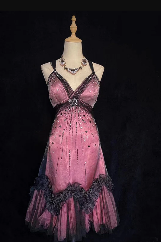 Vintage Tulle Beaded A Line Birthday Dress Spaghetti Straps Homecoming Dress Cocktail Dress