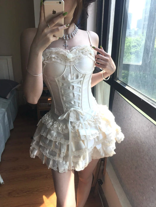 Vintage White Spaghetti Strap Corset With Satin Lace Trim 17Th Birthday Homecoming Dress