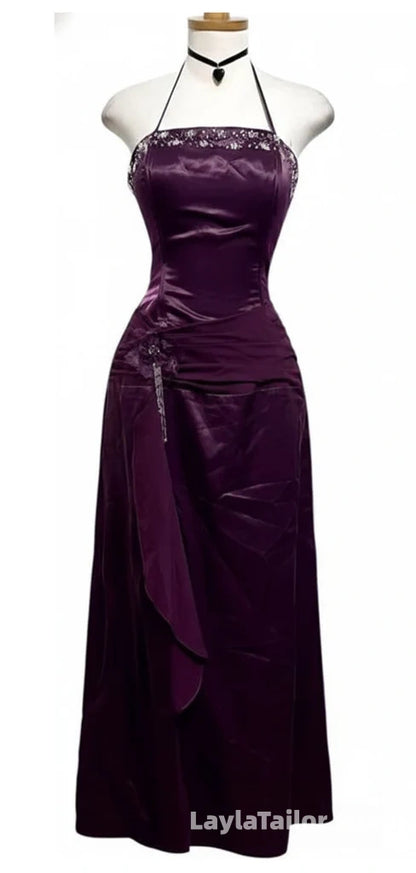 Vintage Purple Beaded Sheath Prom Dress Long Evening Formal Gown