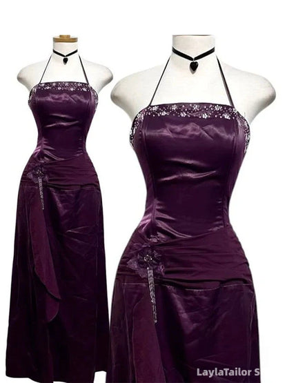 Vintage Purple Beaded Sheath Prom Dress Long Evening Formal Gown