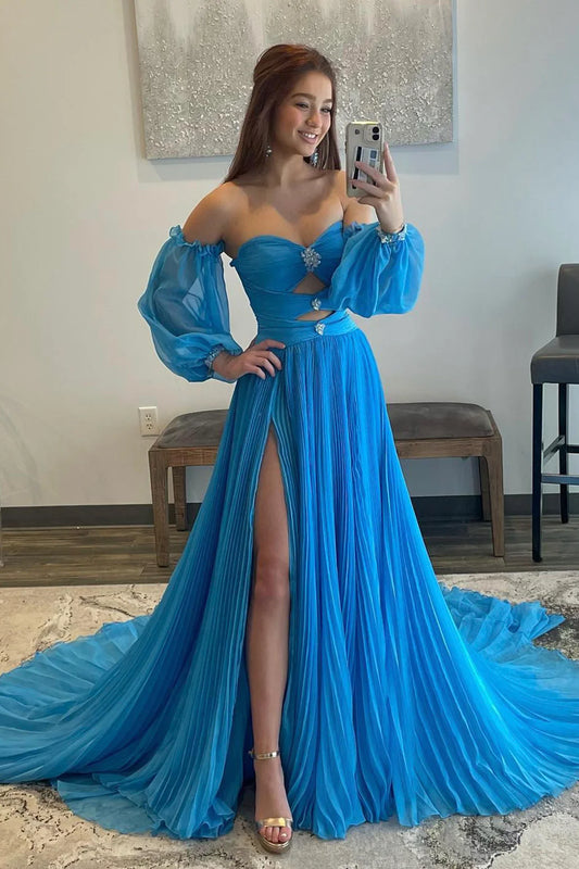 Blue A-Line Chiffon Pleated Split Long Party Prom Dress