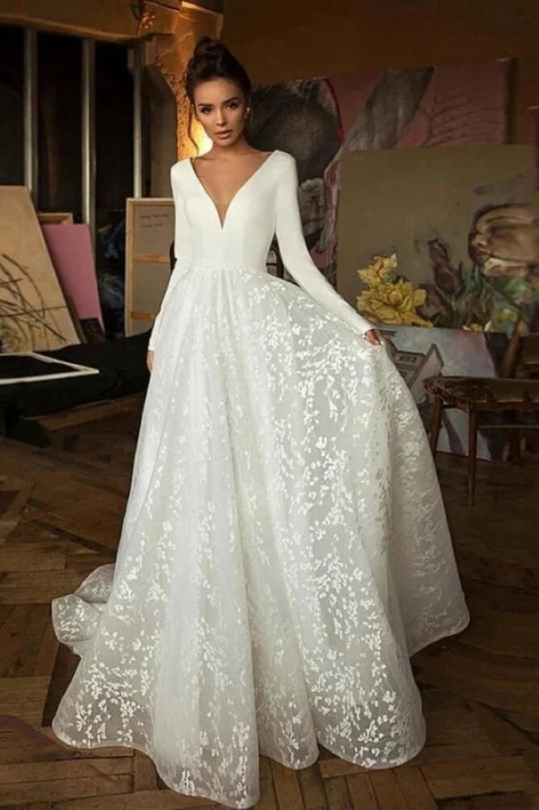 Ivory V-Neck Lace Skirt Long Sleeves Wedding Dresses, A-Line Bridal Gown