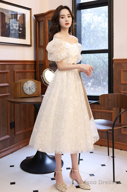 White Tulle Knee Length Prom Dress, Cute Short Sleeve Homecoming Dress