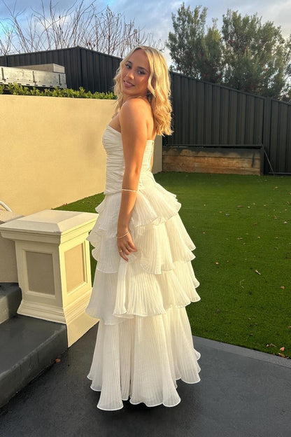 Strapless White Ruched Pleated Ruffle Party Dress