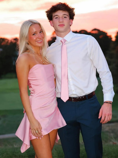 Pink - Strapless Sheath Irregular Hem Satin Short Homecoming & Cocktail Dress