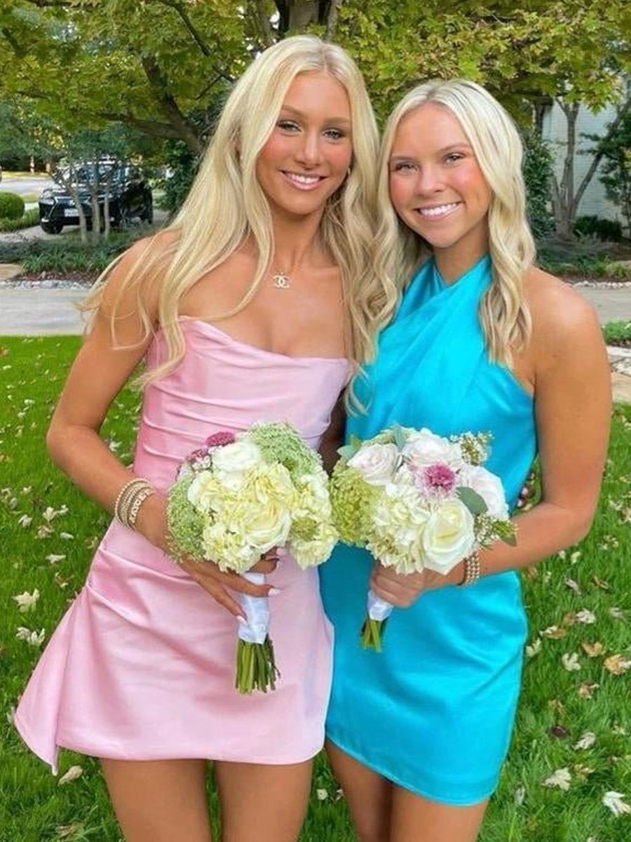 Pink - Strapless Sheath Irregular Hem Satin Short Homecoming & Cocktail Dress