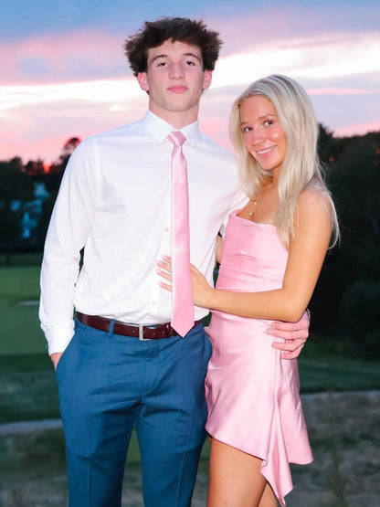 Pink - Strapless Sheath Irregular Hem Satin Short Homecoming & Cocktail Dress