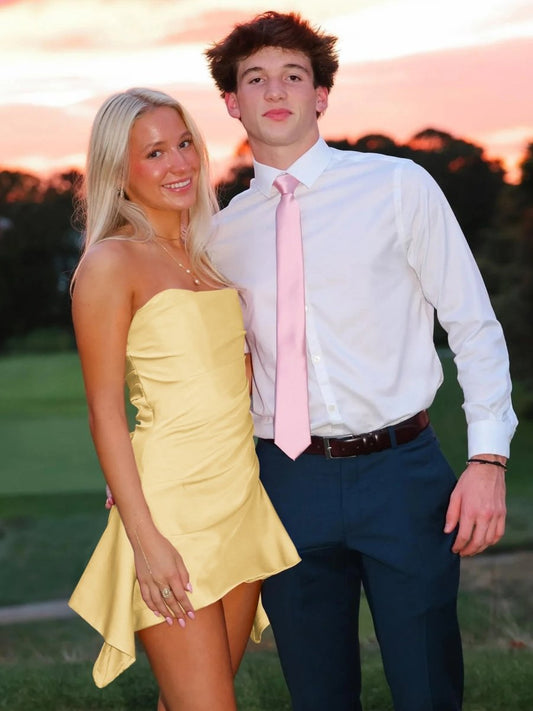 Yellow - Strapless Sheath Irregular Hem Satin Short Homecoming & Cocktail Dress