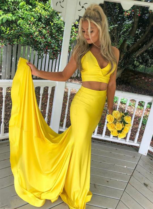 Yellow satin two piece prom dress with long train and elegant silhouette, perfect for prom and formal events