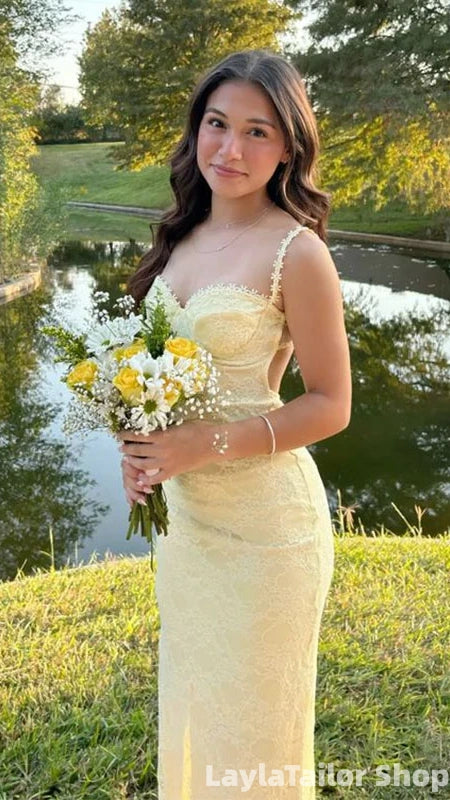 Elegant Pastel Yellow Mermaid Lace Long Prom Dress Evening Formal Gown