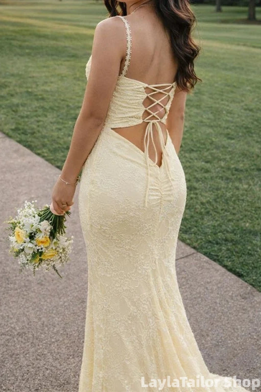 Elegant Pastel Yellow Mermaid Lace Long Prom Dress Evening Formal Gown