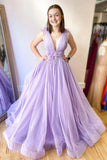 LTP0953,Light purple v neck tulle long prom dress lilac evening dress