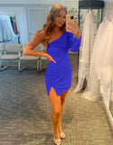 LTP1489,One sleeves royal blue sequin homecoming dresses