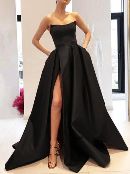 LTP1585,Sleeveless Black Satin Long Prom Evening Dresses