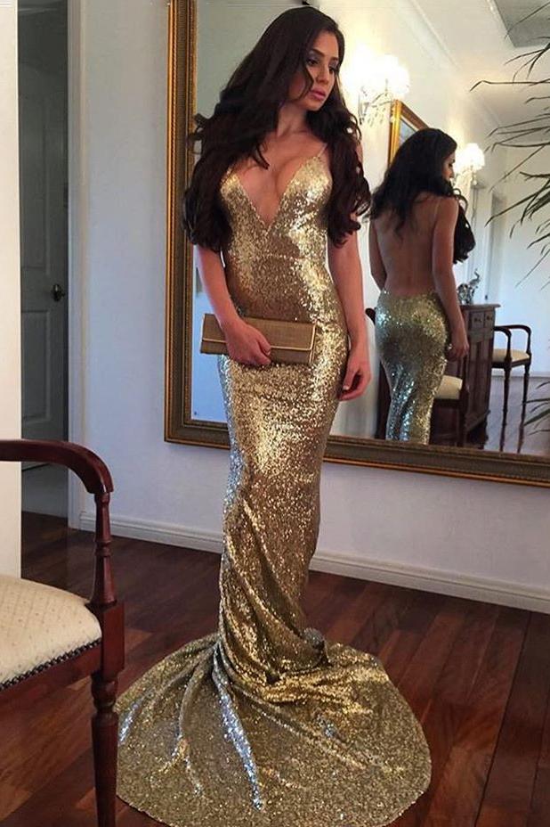 LTP0172,Sequin Mermaid Long Gold Sexy Deep V-Neck Spaghetti Strap Backless Sparkly Prom Dresses
