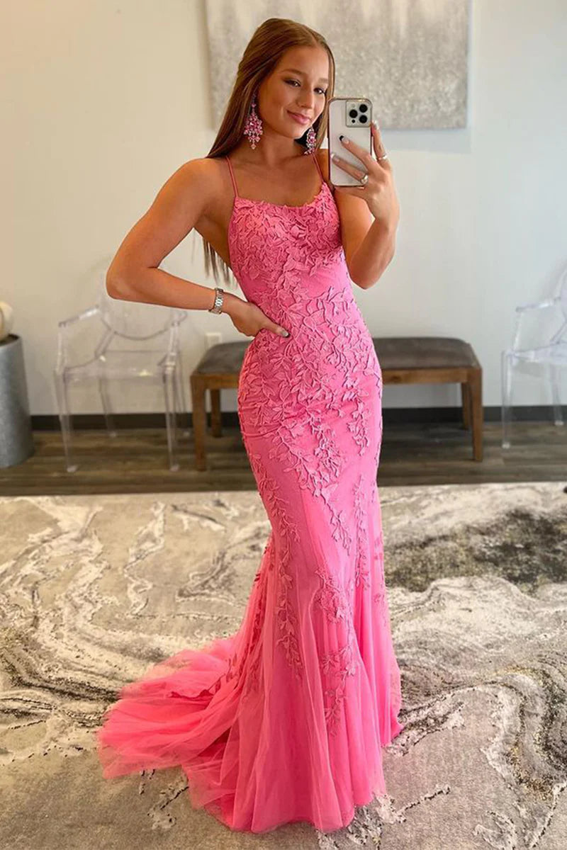 LTP1377,Hot Pink Lace Mermaid Applique Long Prom Evening Dresses With Cross Back