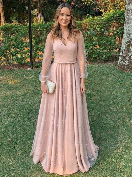 LTP0547,Cute Pink Long Prom Dresses Pearl Beaded Evening Party Gown