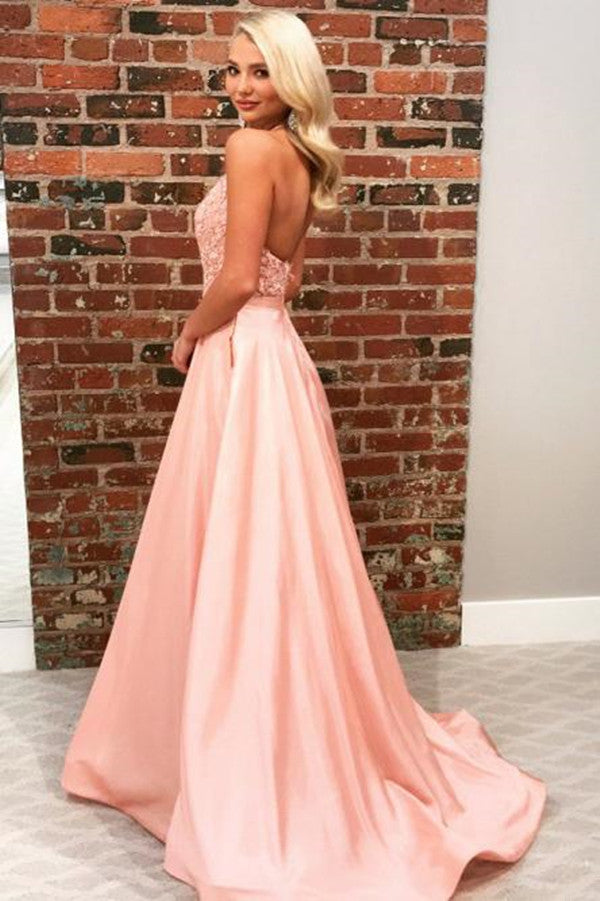 LTP0415,Charming A-Line Halter Backless Sweep Train Long Pink Prom Dress with Appliques