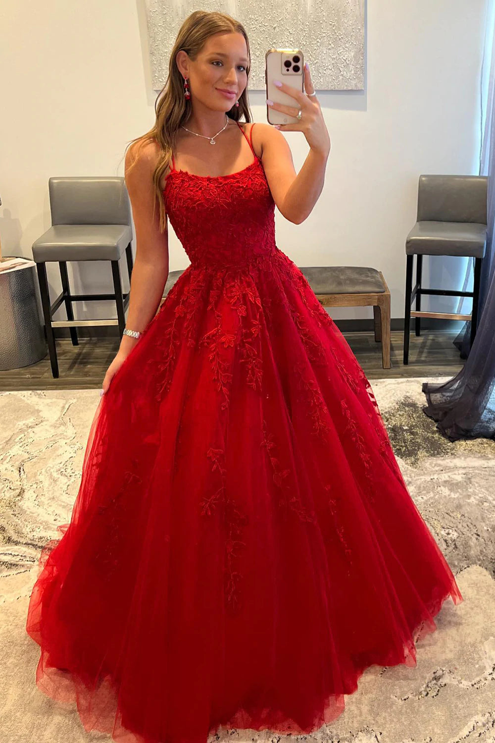 LTP1048,Red Spaghetti Straps Long Prom Dress with Appliques