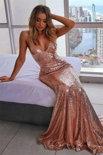 LTP0147,Rose gold mermaid long prom dress sexy v neck trumpet evening party dress