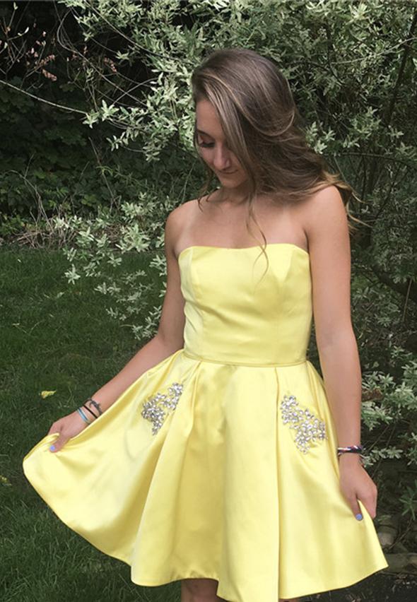LTP1428,Strapless Pastel Yellow Beaded A-Line Homecoming Dresses