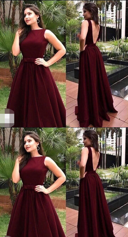 LTP0302,Burgundy V-Back Prom Dresses A-Line Satin Evening Prom Dresses