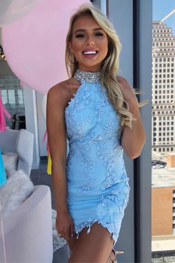LTP1438,Cute halter bodycon lace blue pink beaded homecoming dresses