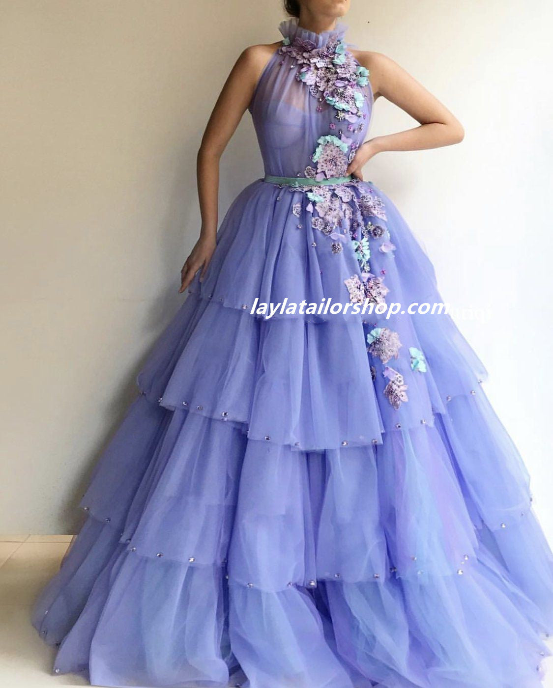 Haltered Sliding Ruffle Layered Hem fit and flare tutu ankle length tulle prom dress